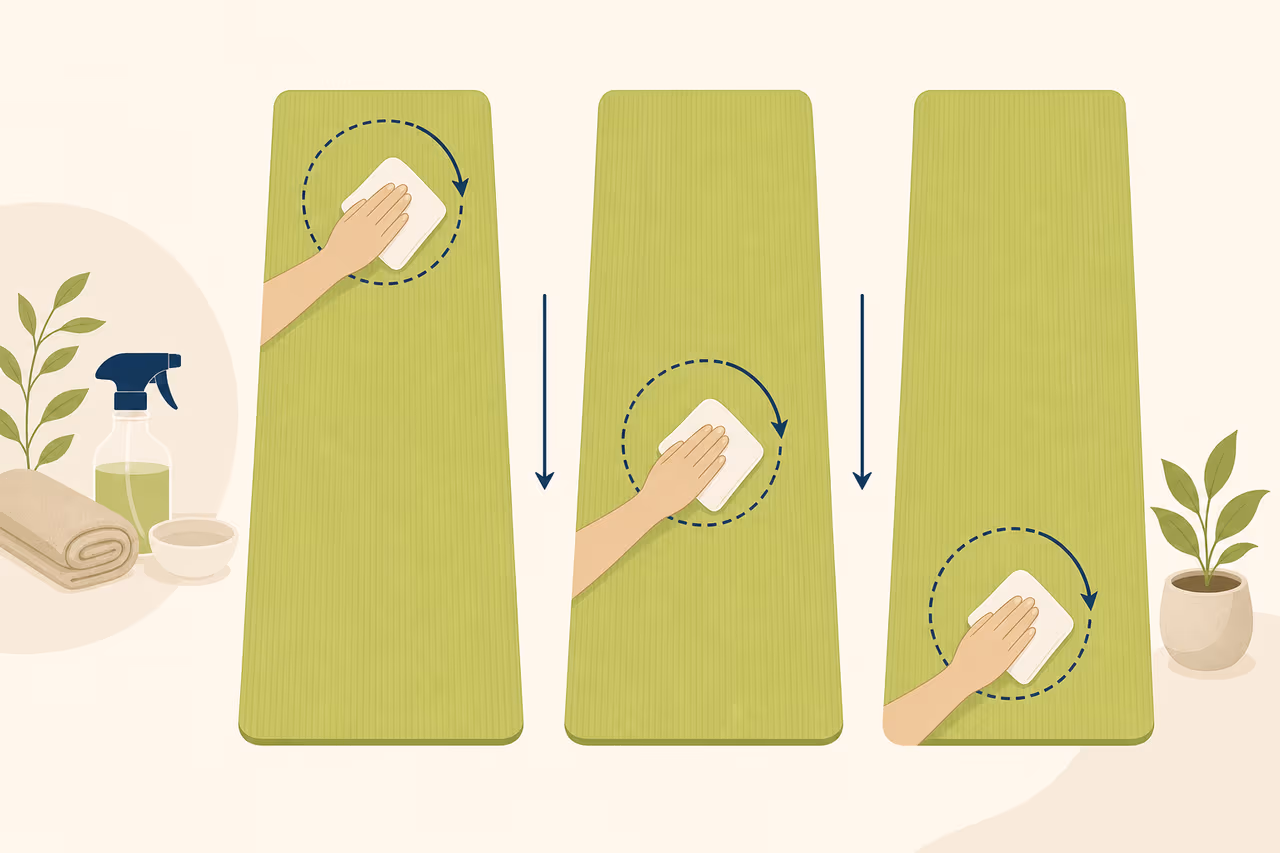 Diagram showing gentle circular wiping motions from top to bottom of a yoga mat.