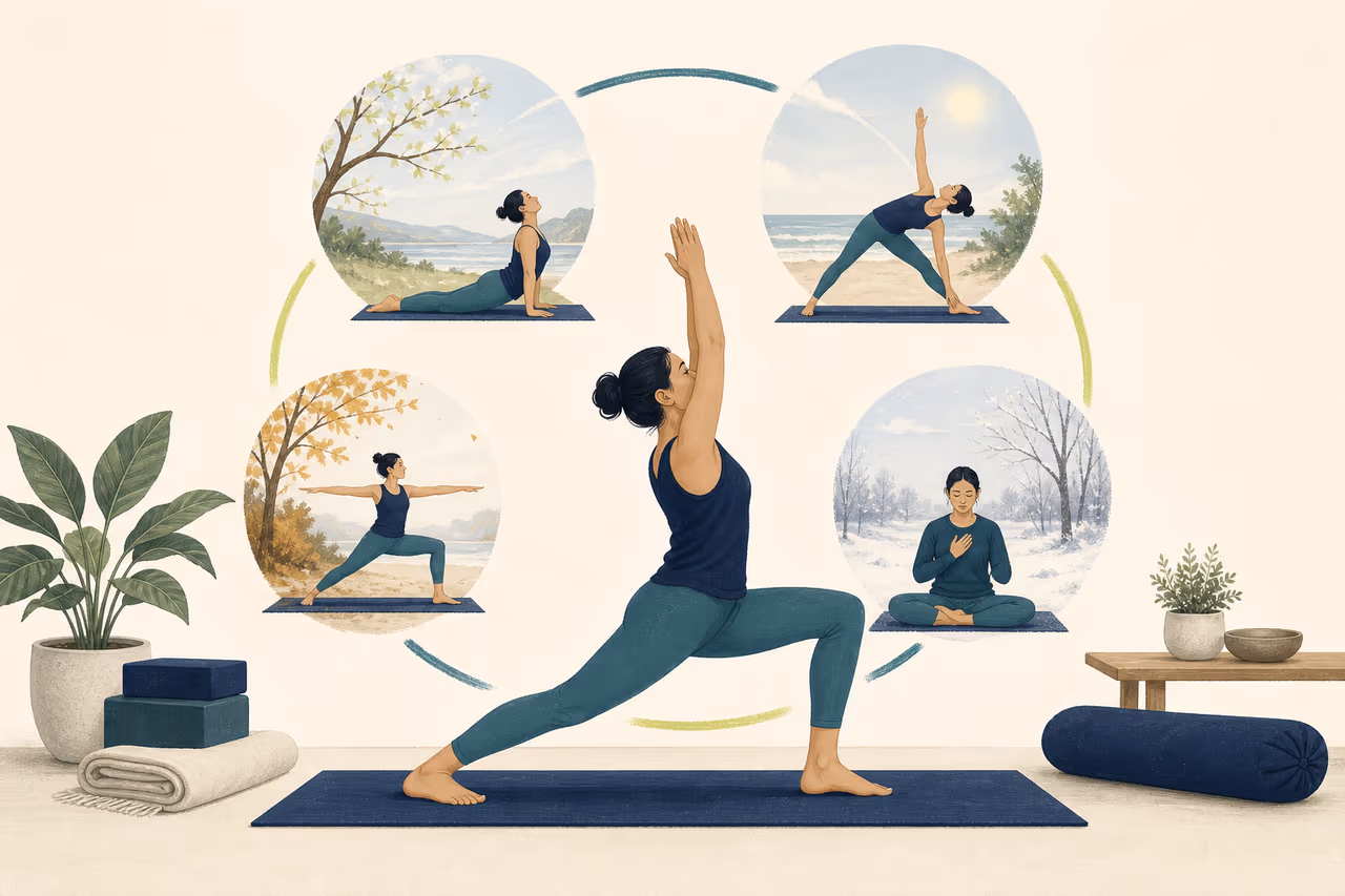 Editorial illustration about how to make a yoga practice last all year.