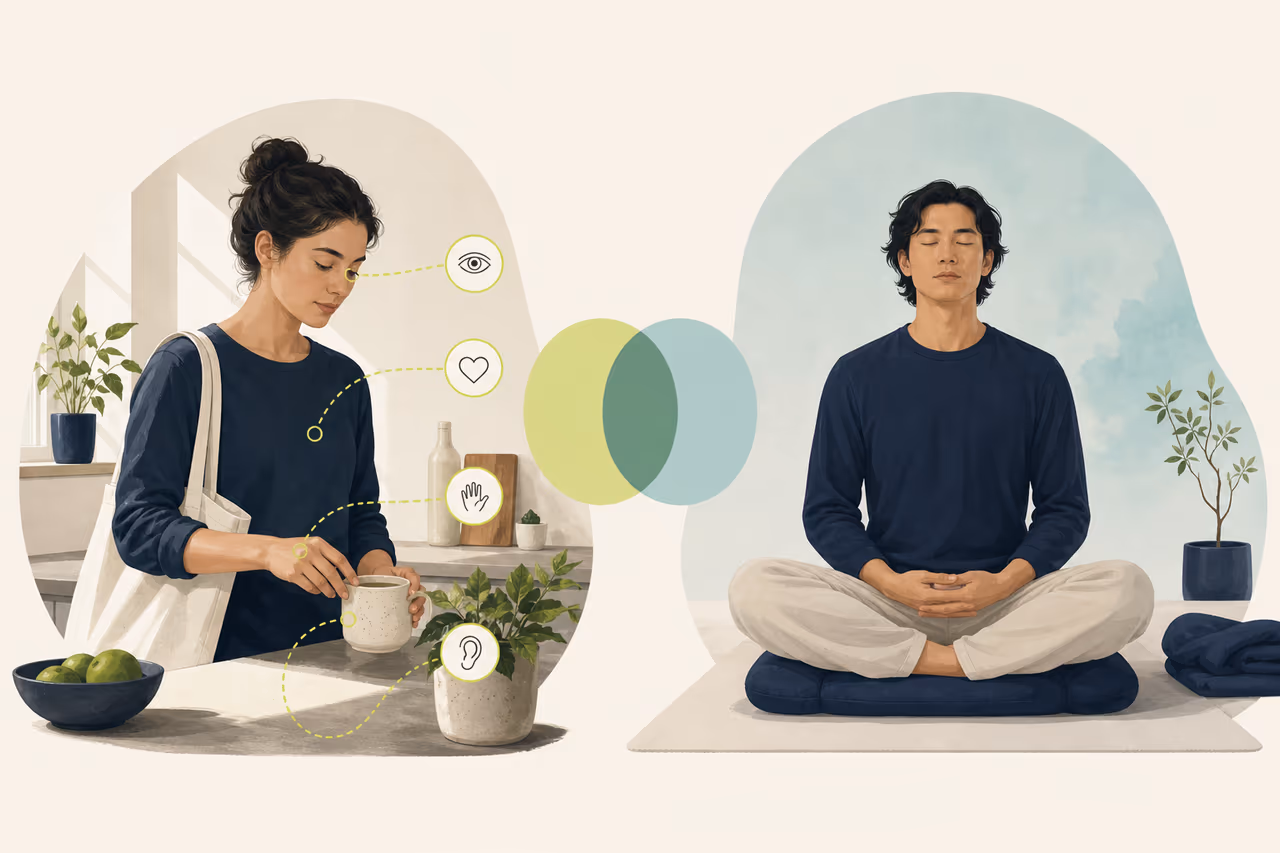 Editorial illustration about mindfulness vs meditation.