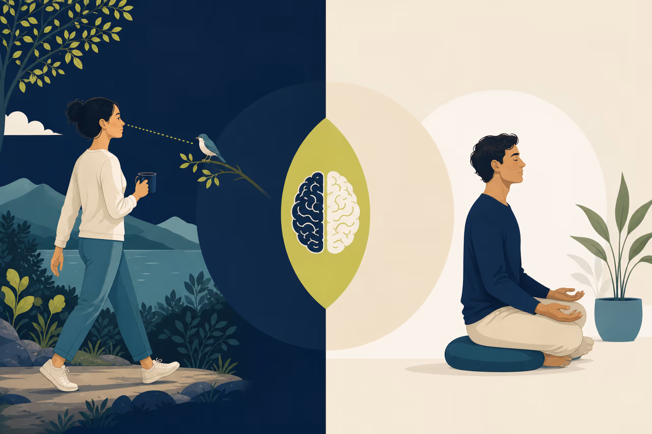 Editorial cover illustration about mindfulness vs meditation.
