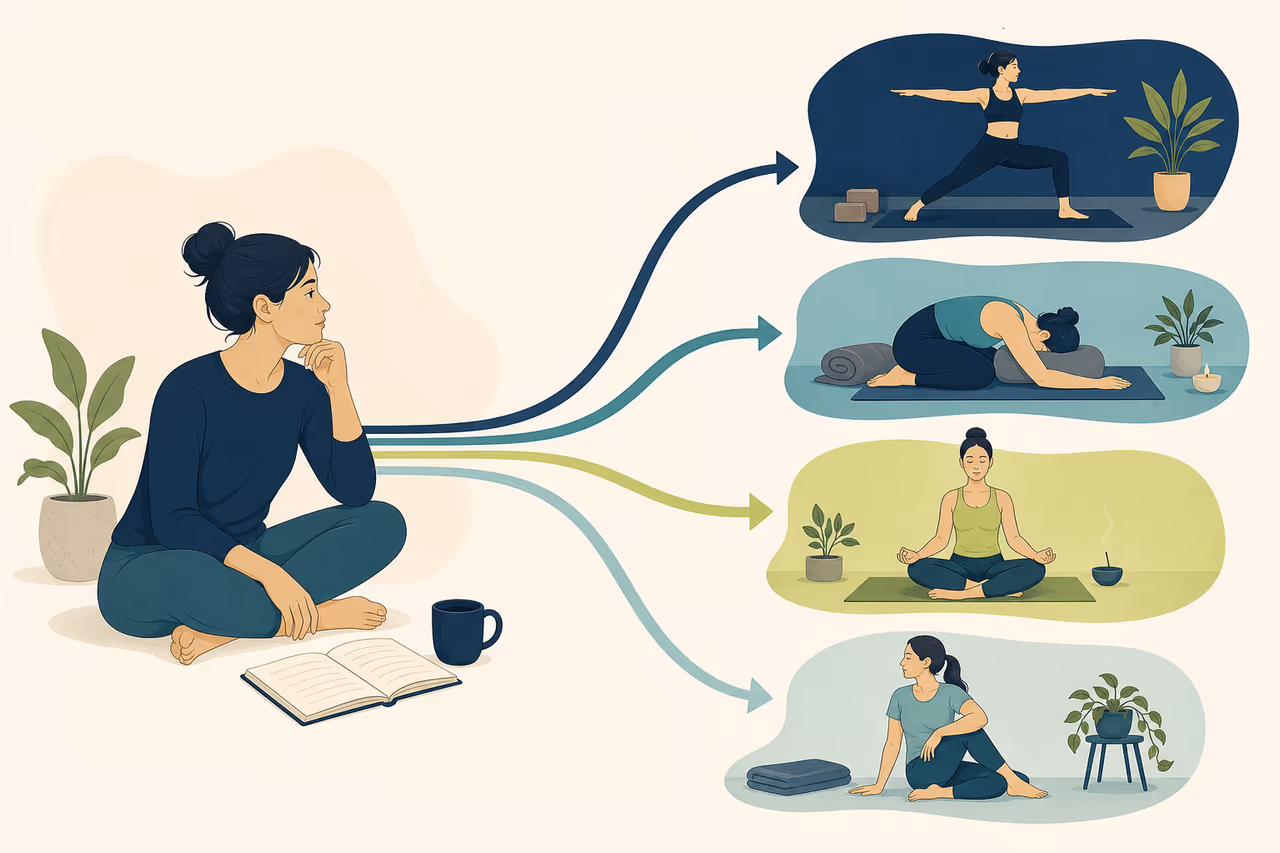 Editorial illustration about how to choose a yoga style.
