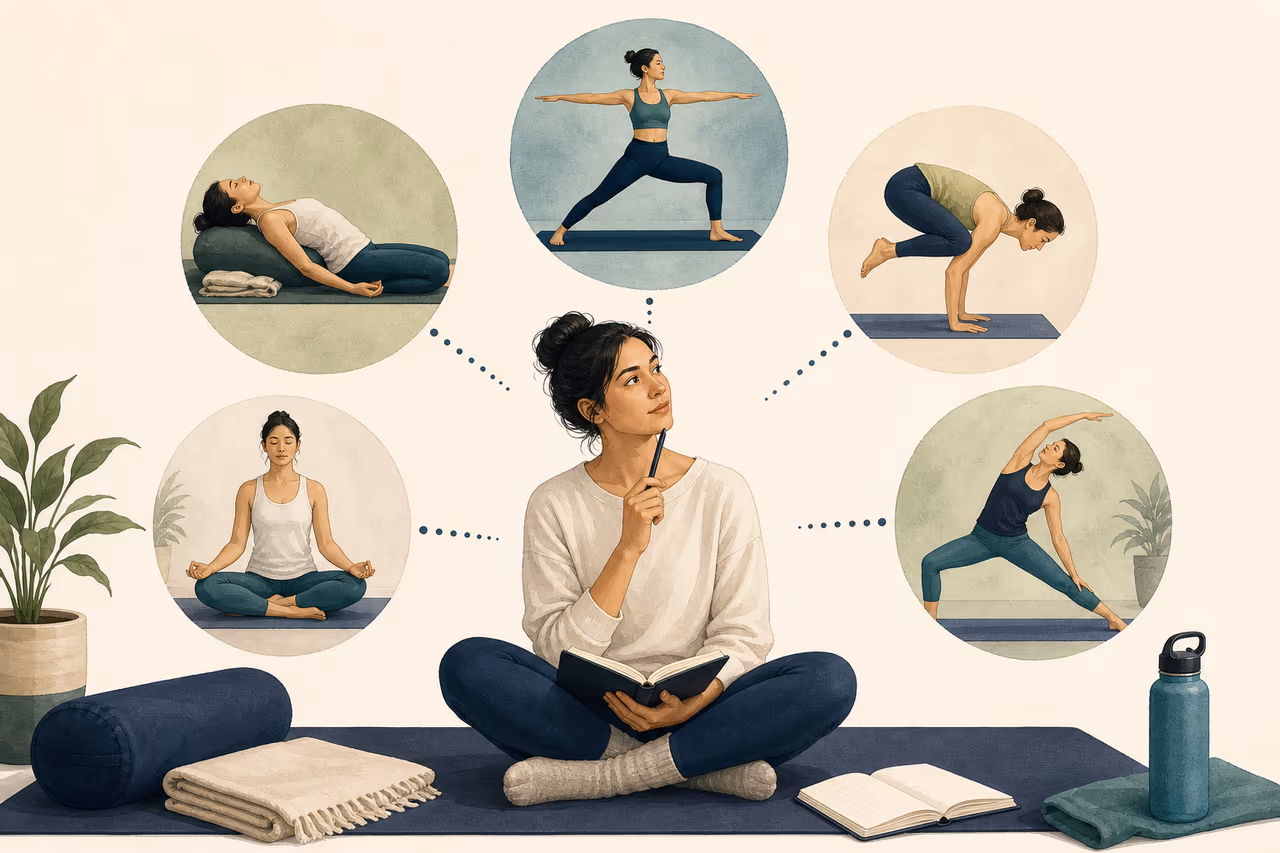Editorial cover illustration about how to choose a yoga style.