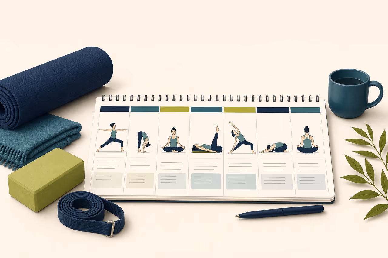 Editorial illustration about how to build a weekly yoga schedule.