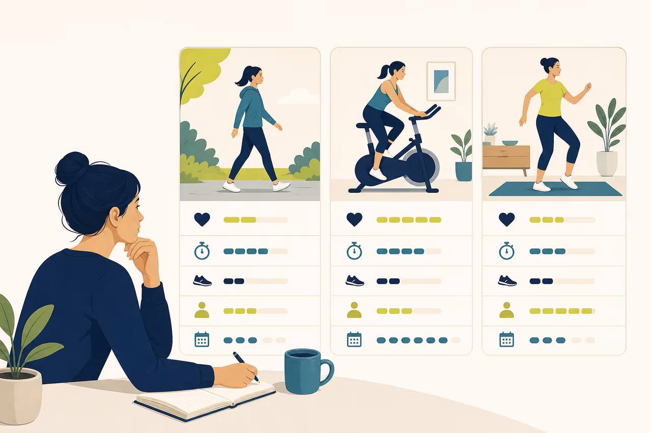 Editorial illustration about how to compare beginner weekly cardio plans.