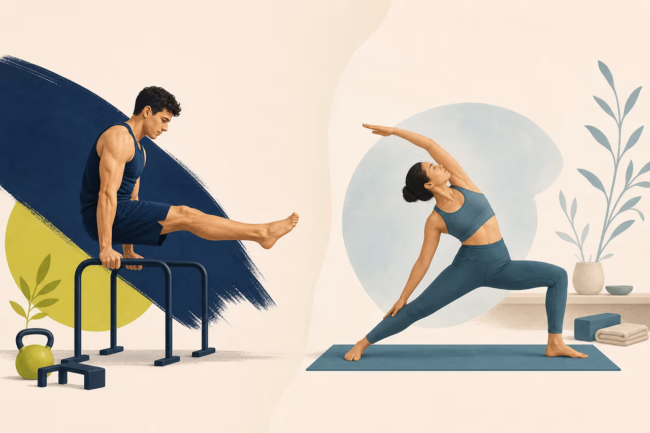 Editorial illustration about calisthenics vs yoga.