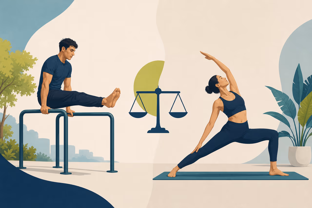 Editorial cover illustration about calisthenics vs yoga.