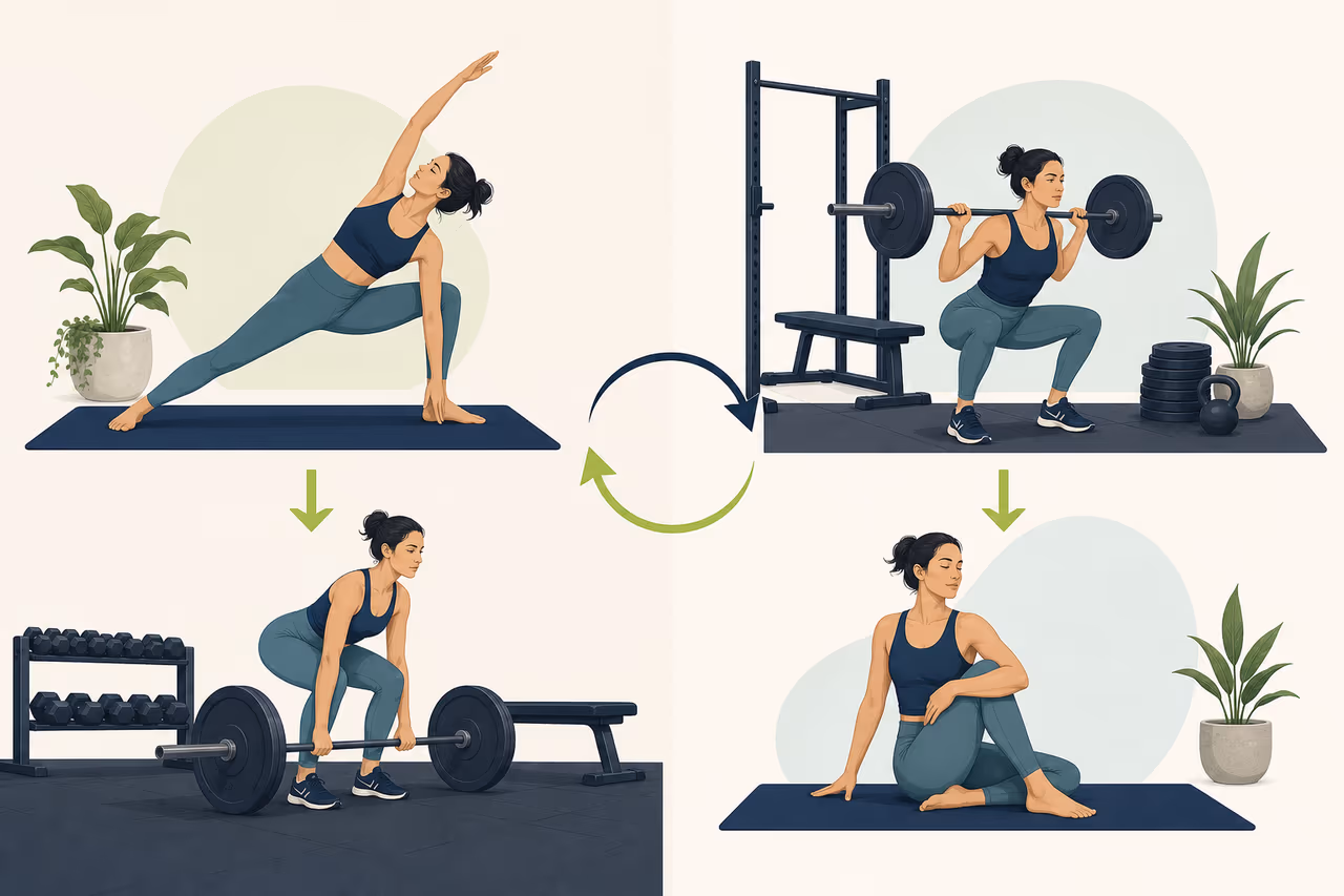 Editorial illustration about should you do yoga before or after strength training.