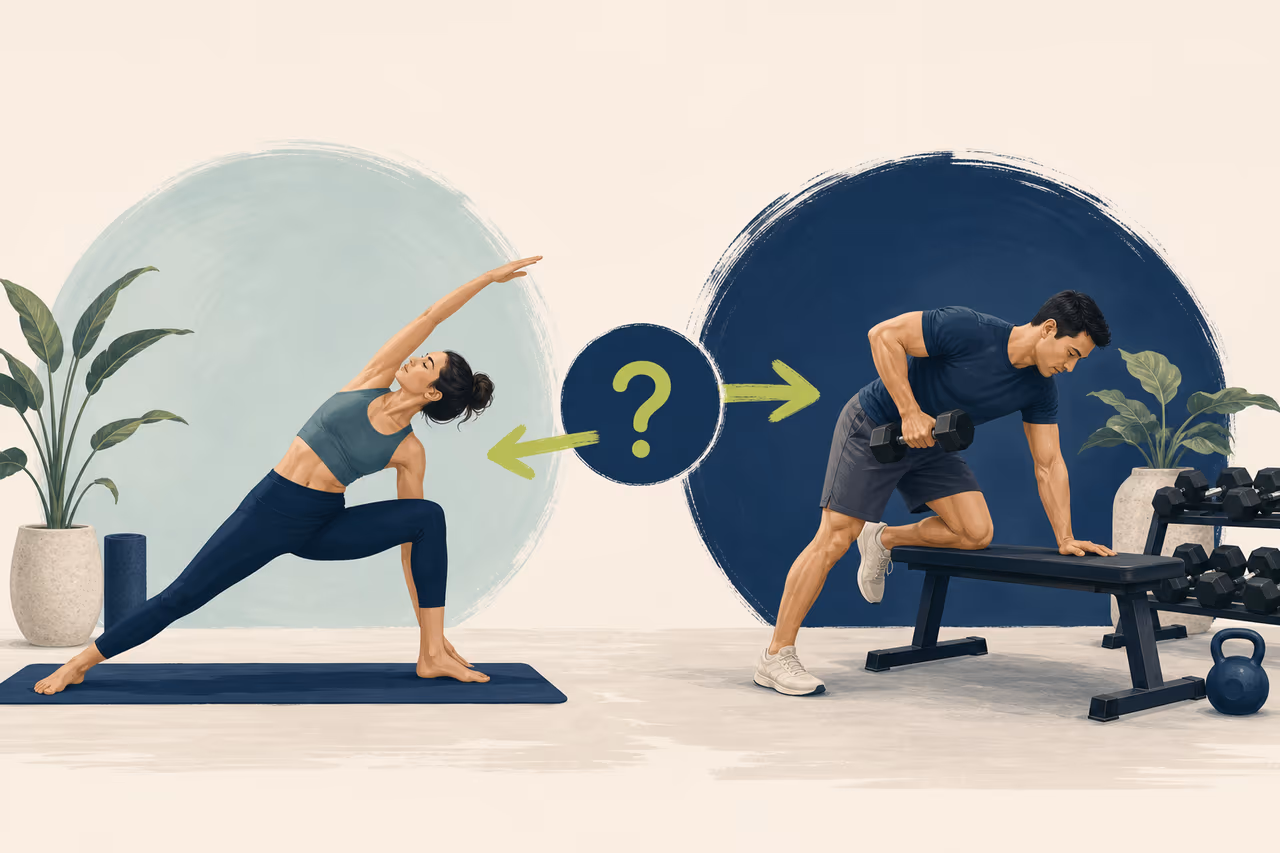 Editorial cover illustration about should you do yoga before or after strength training.