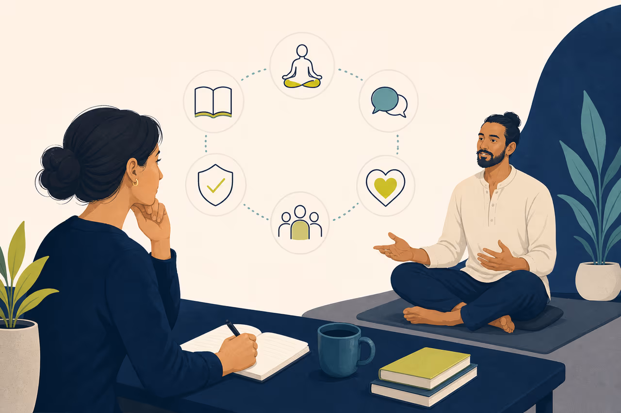 Editorial illustration about how to choose a meditation teacher.