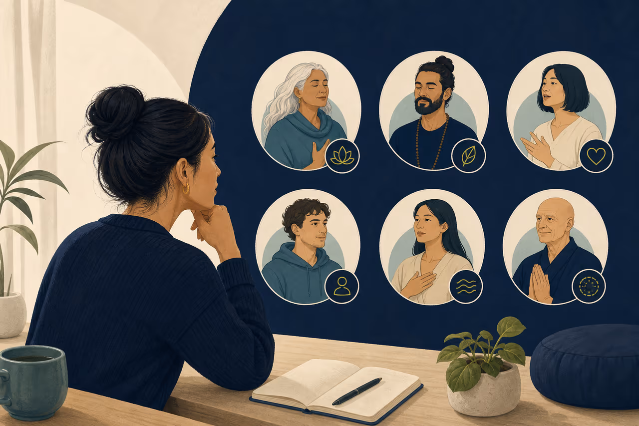 Editorial cover illustration about how to choose a meditation teacher.