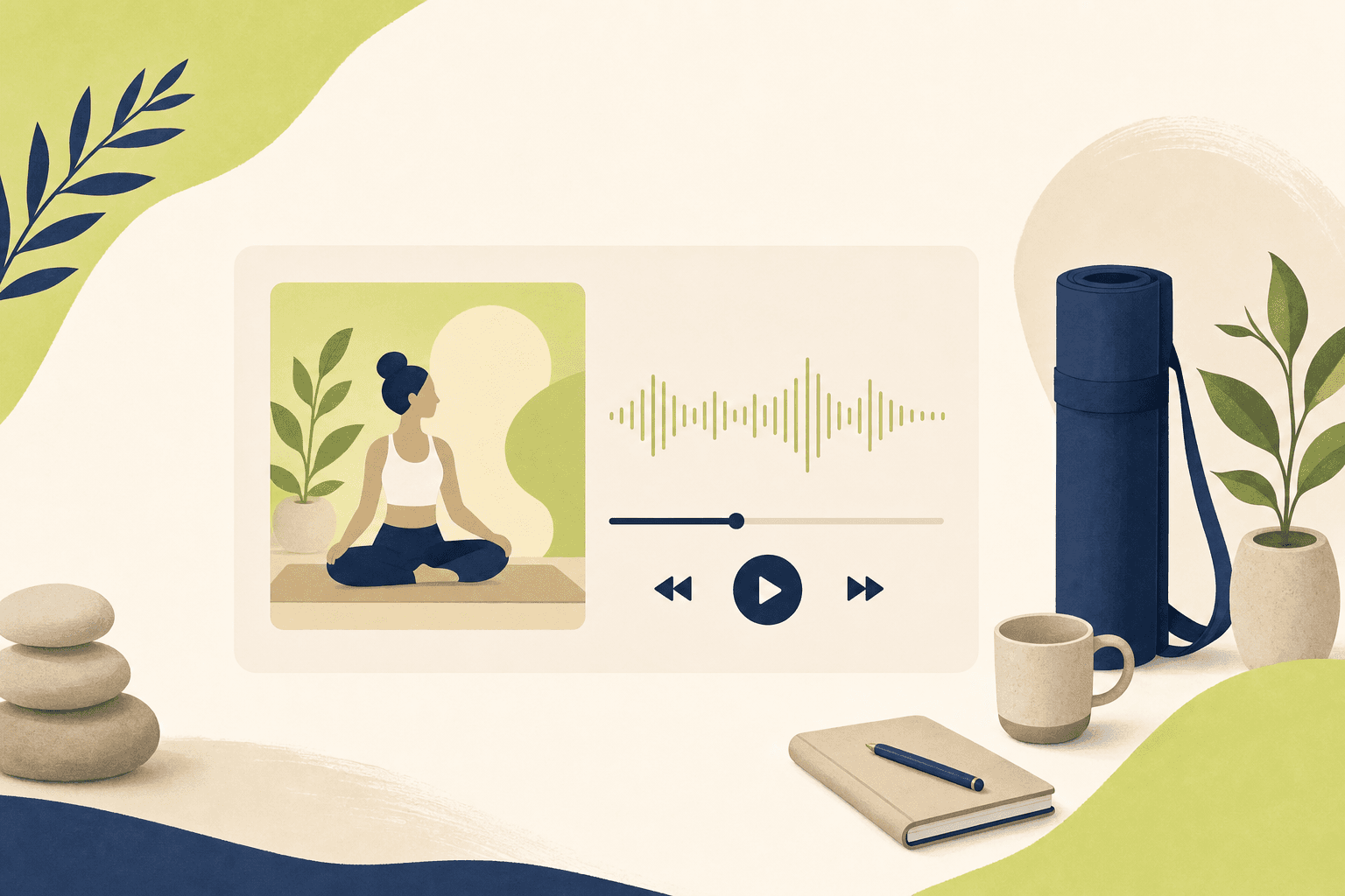 Illustration of a yoga audio player with waveform and playback controls