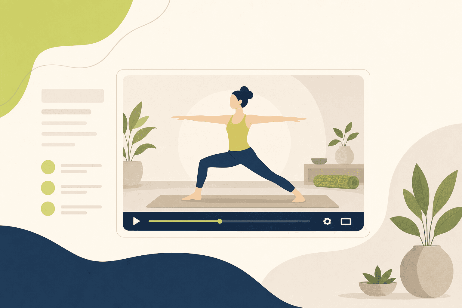 Illustration of a yoga video player showing a teacher in Warrior II