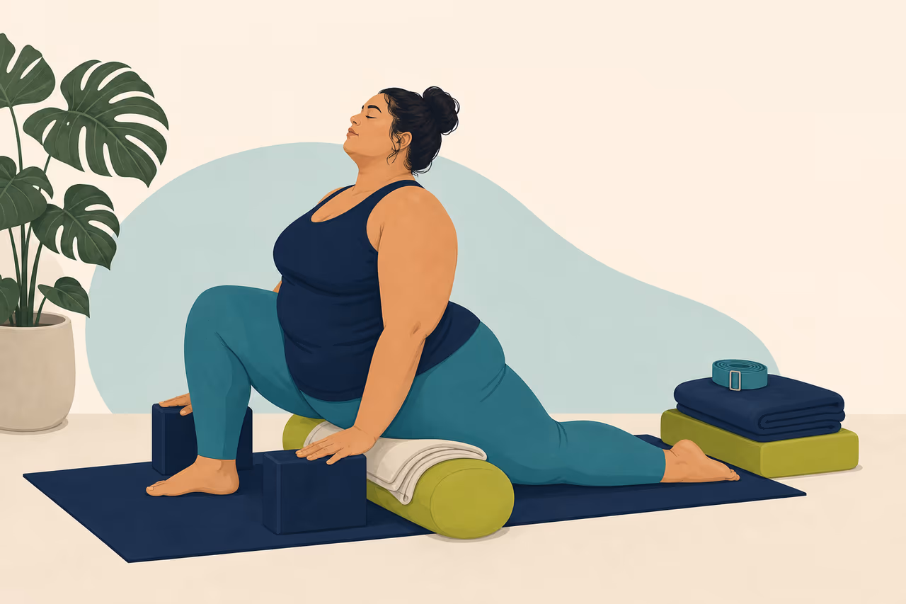 Editorial cover illustration about inclusive yoga for larger bodies.