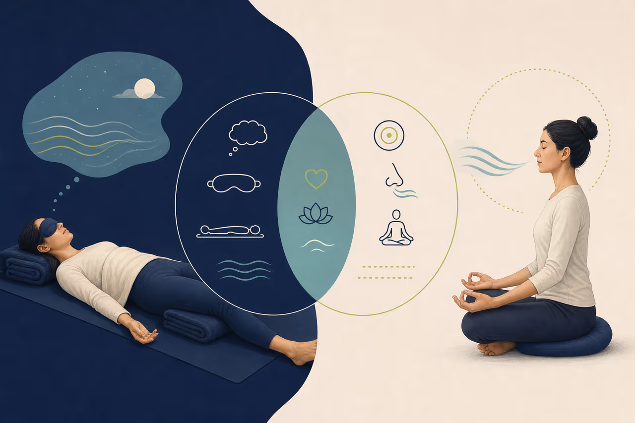Editorial illustration about yoga nidra vs meditation.