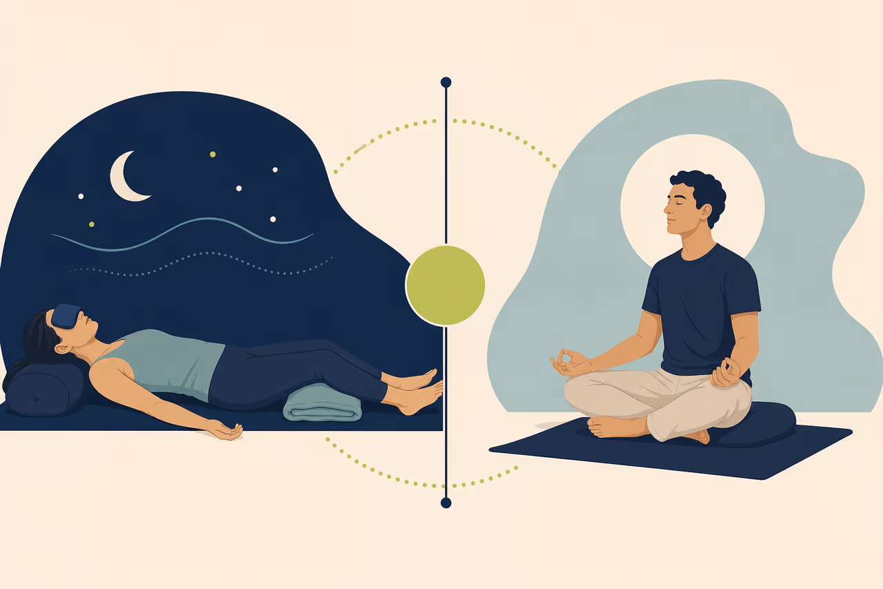 Editorial cover illustration about yoga nidra vs meditation.