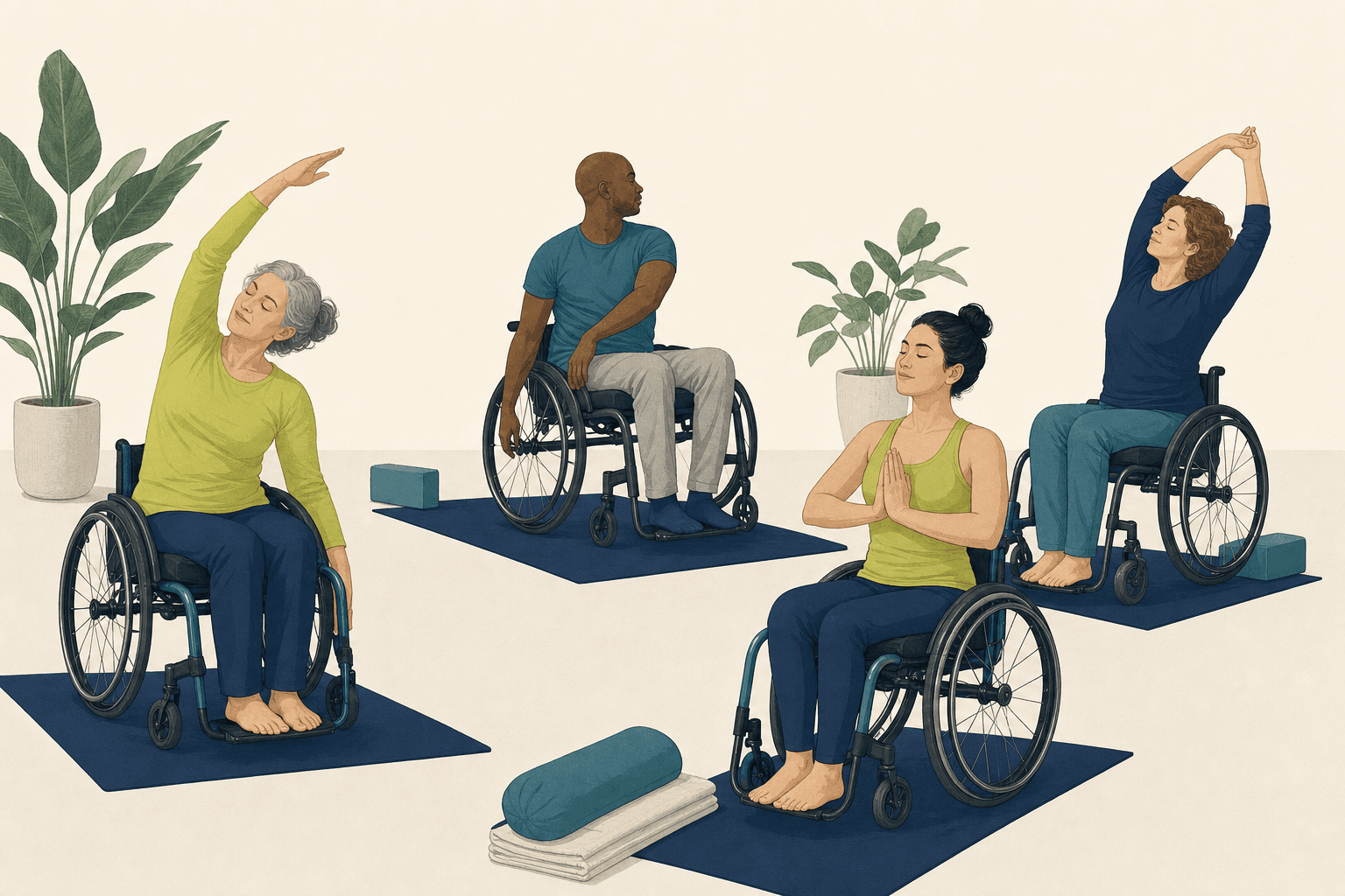 Editorial illustration about yoga class options for wheelchair users.