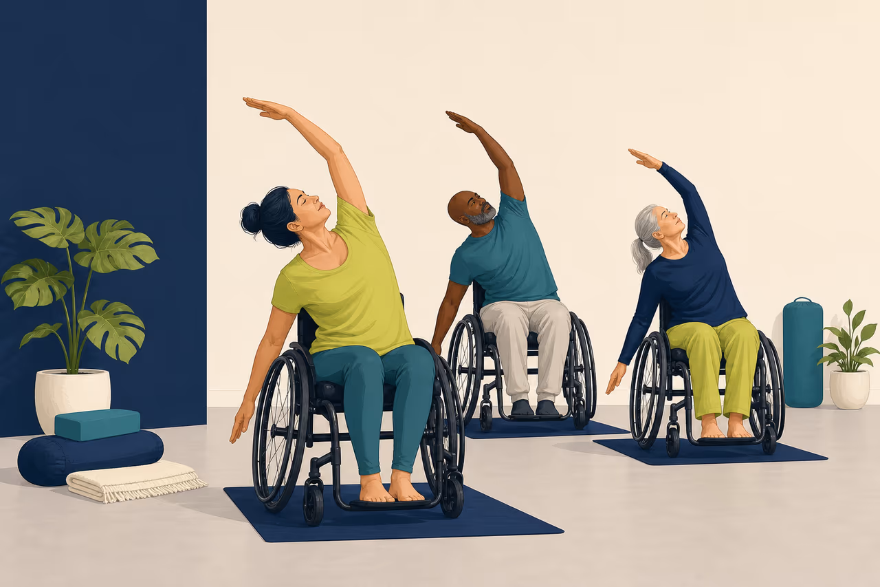 Editorial cover illustration about yoga class options for wheelchair users.
