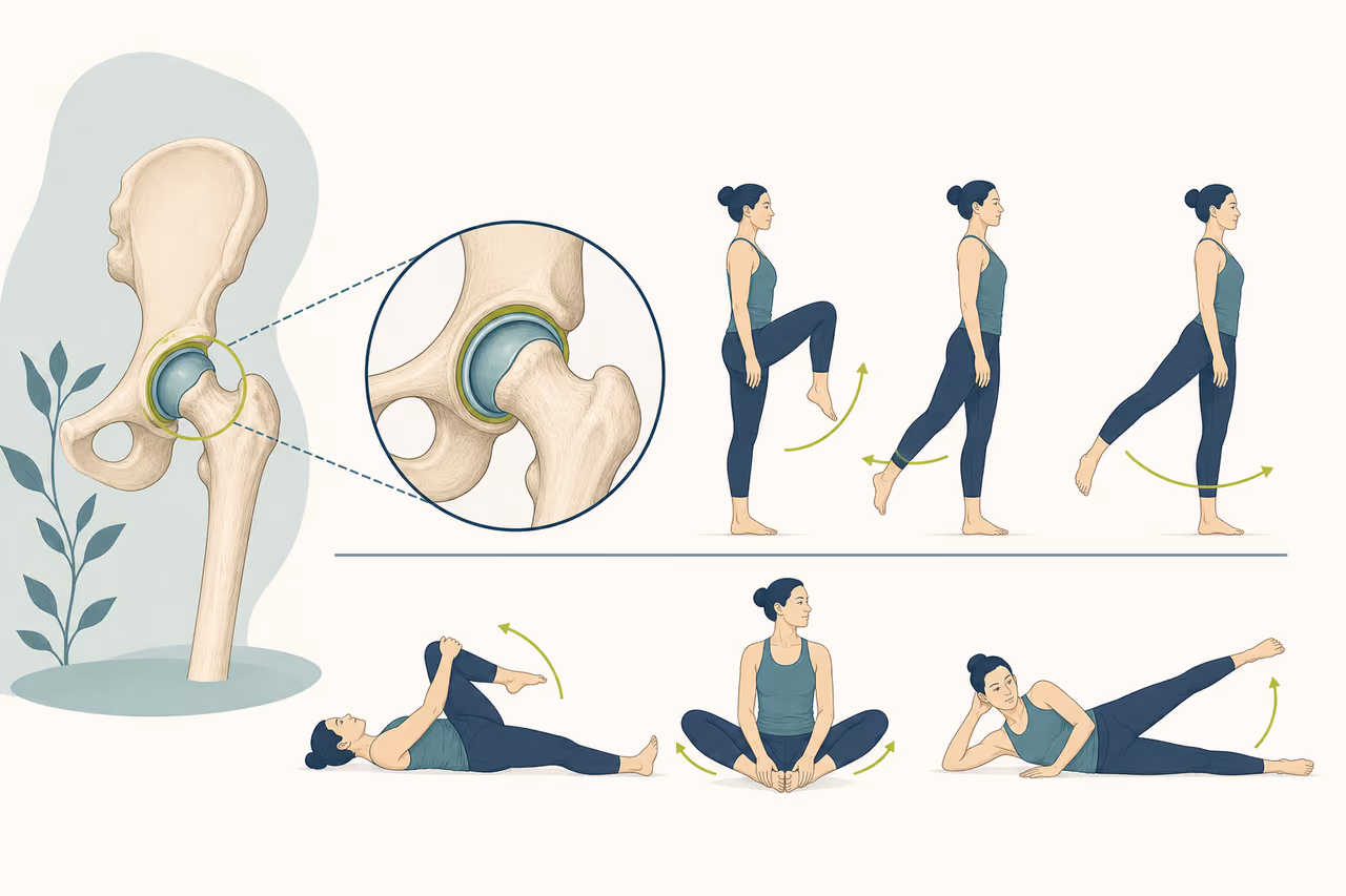 Editorial illustration about hip mobility terminology explained.