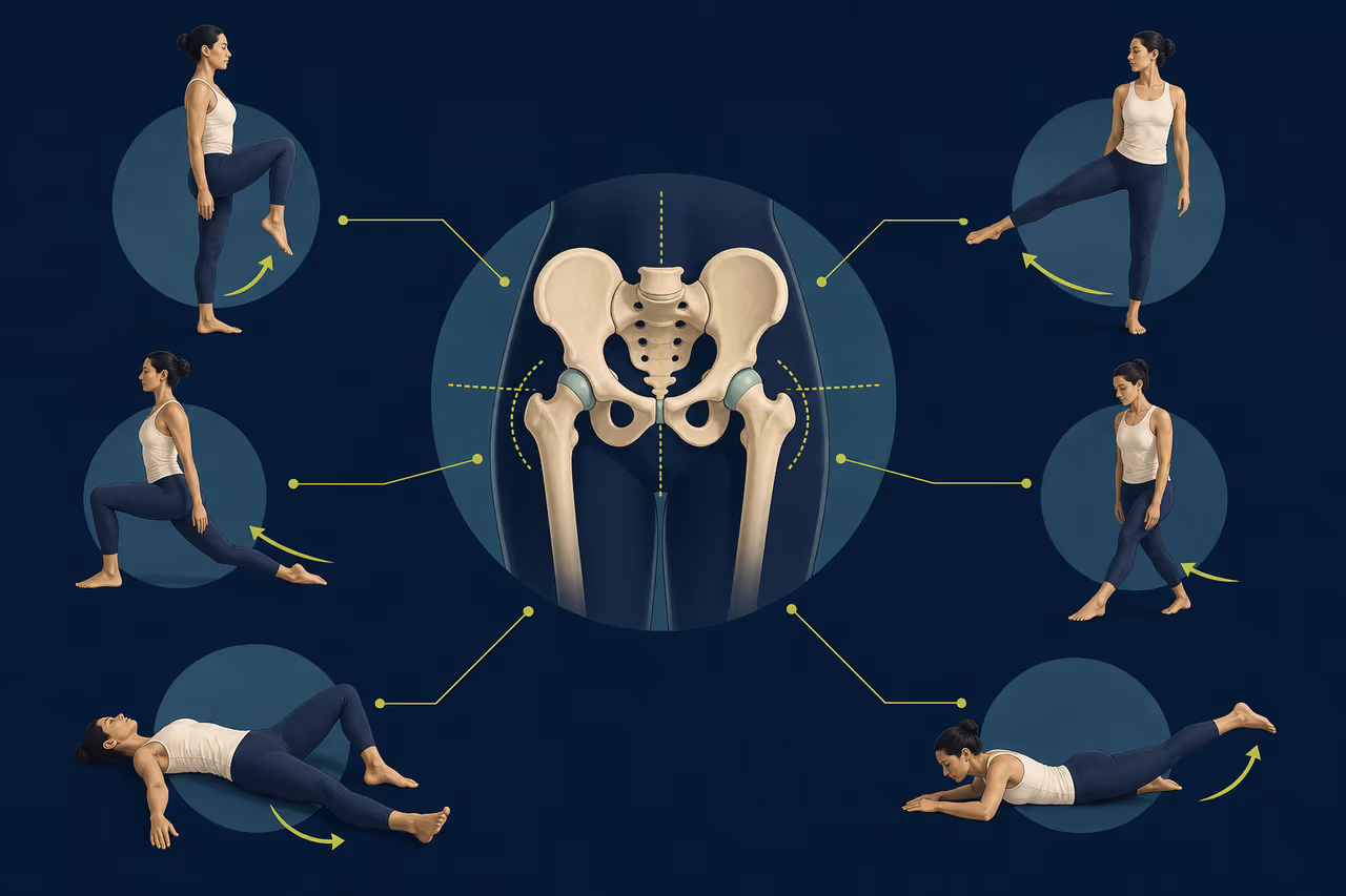 Editorial cover illustration about hip mobility terminology explained.