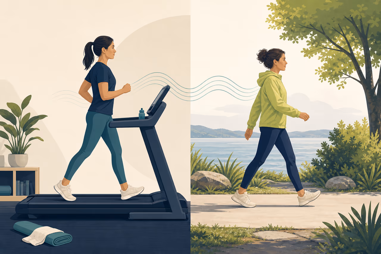 Editorial illustration about treadmill walking vs outdoor walking.
