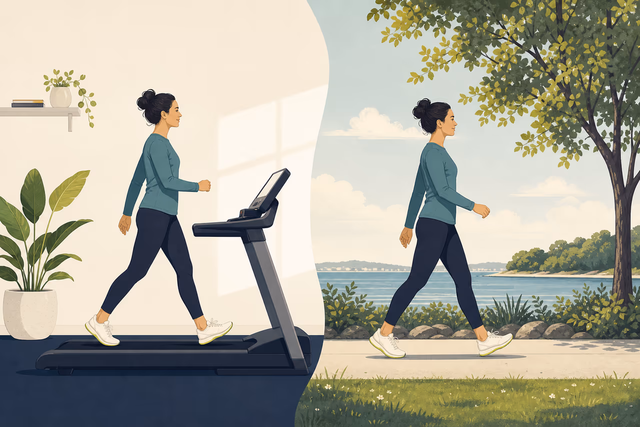 Editorial cover illustration about treadmill walking vs outdoor walking.