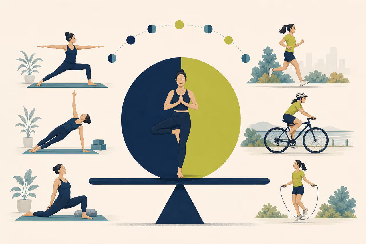 Editorial illustration about how to balance yoga strength and cardio.