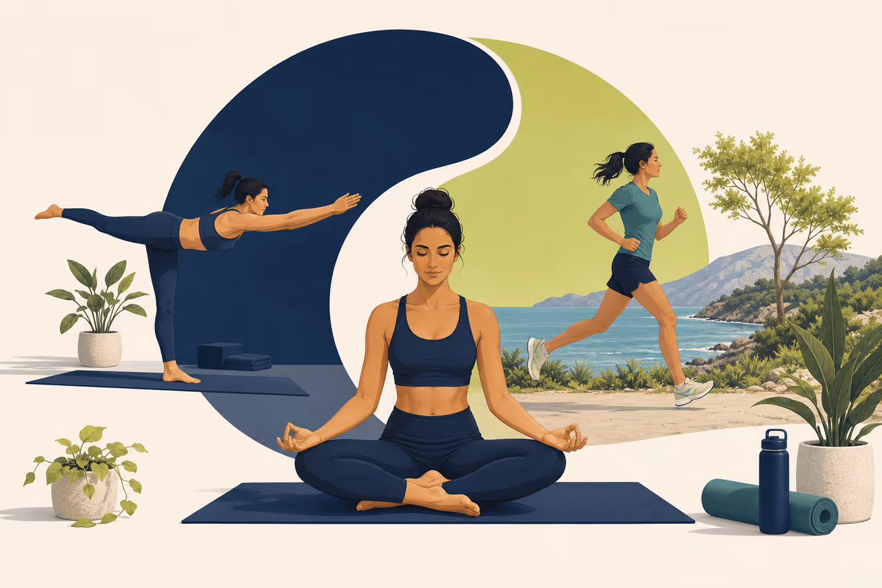 Editorial cover illustration about how to balance yoga strength and cardio.