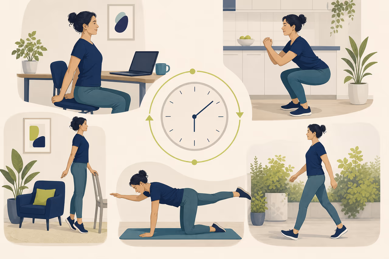 Editorial illustration about micro workouts throughout the day.