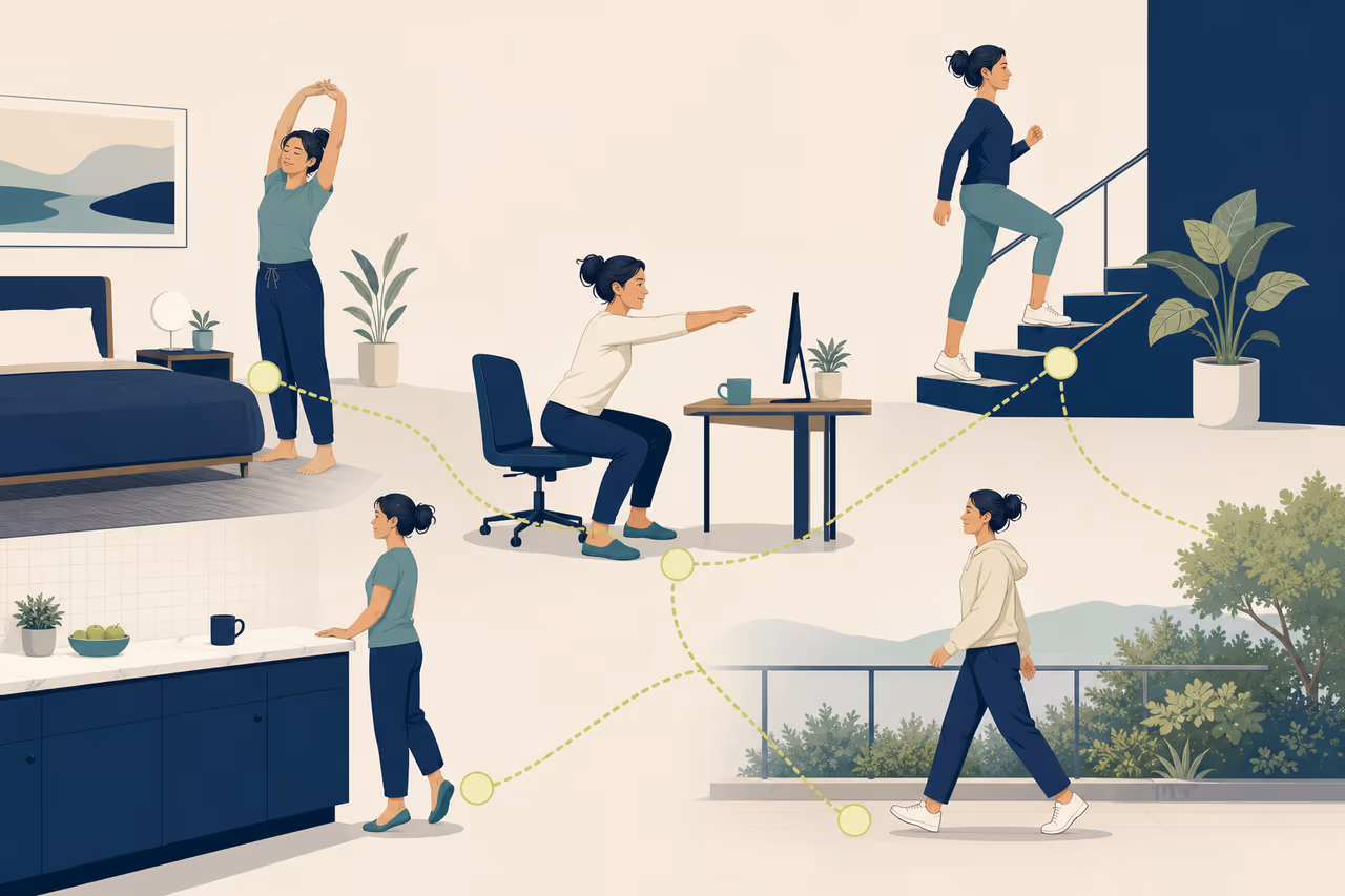 Editorial cover illustration about micro workouts throughout the day.