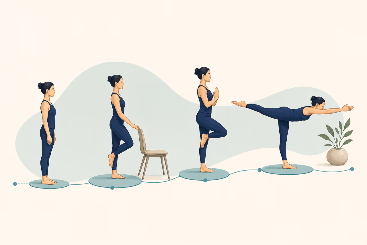 Editorial illustration about what balance progressions mean in yoga.