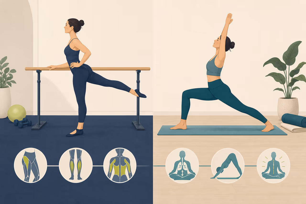 Editorial illustration about barre vs yoga.