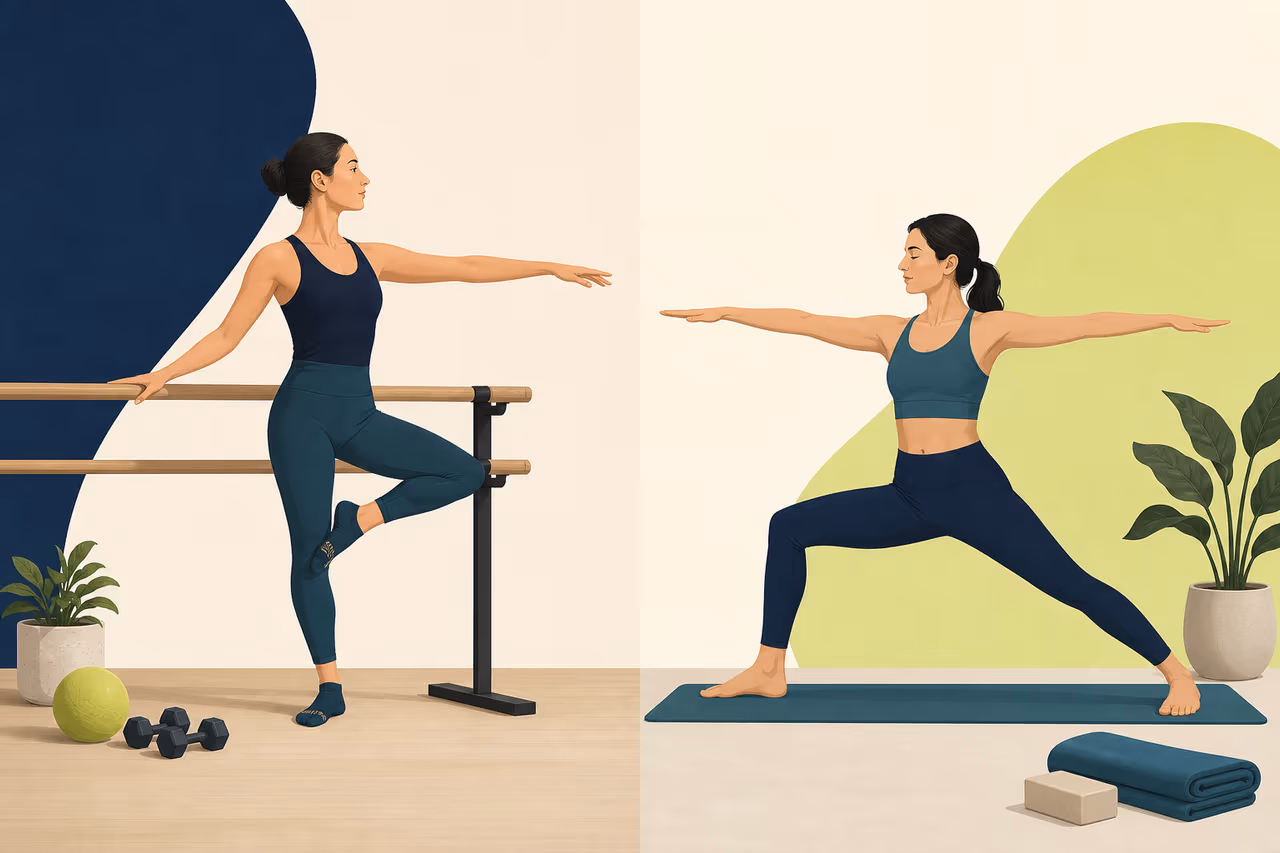 Editorial cover illustration about barre vs yoga.