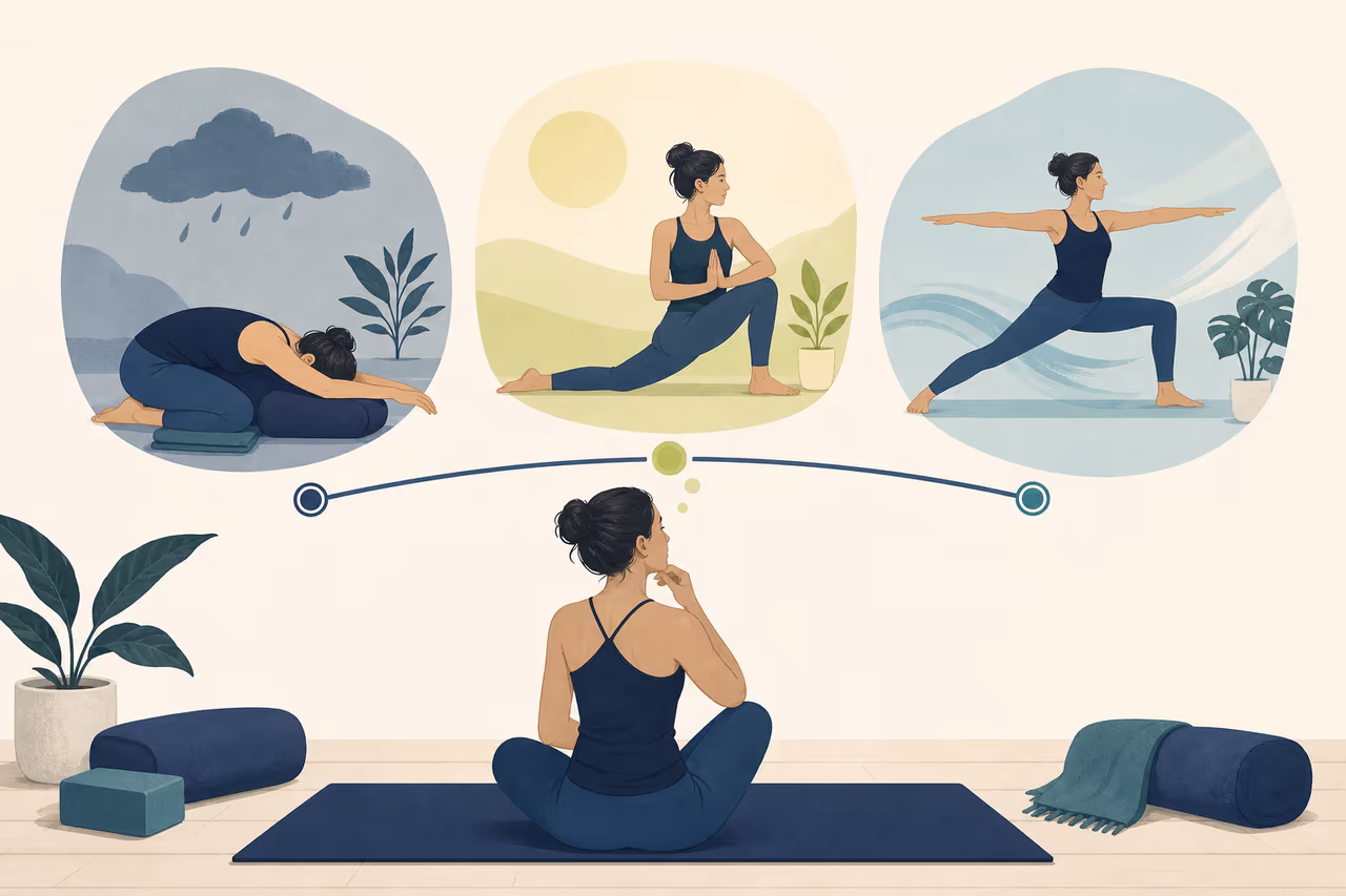 Editorial cover illustration about how to adapt yoga to daily energy levels.