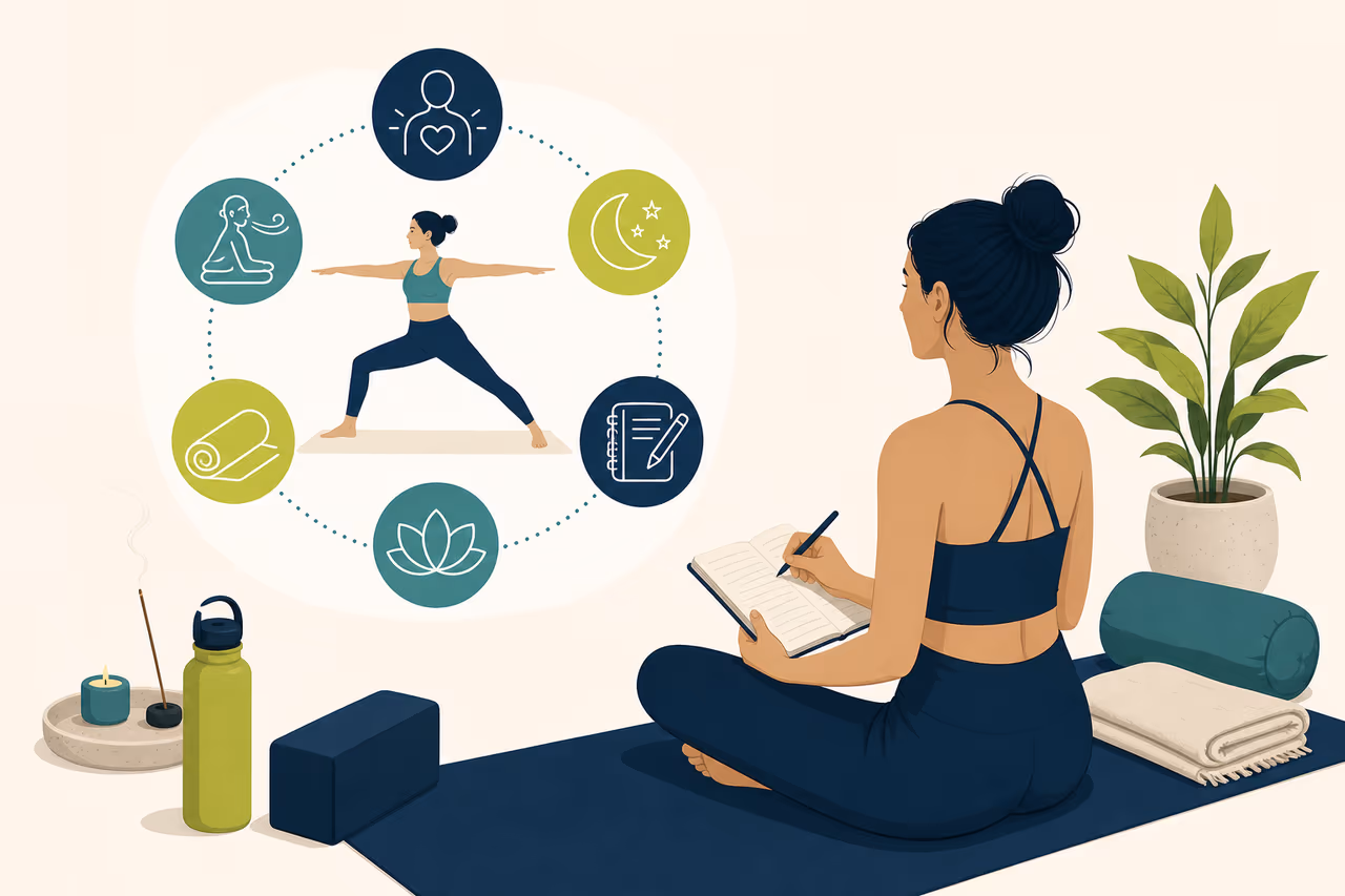 Editorial illustration about how to track yoga progress without photos.