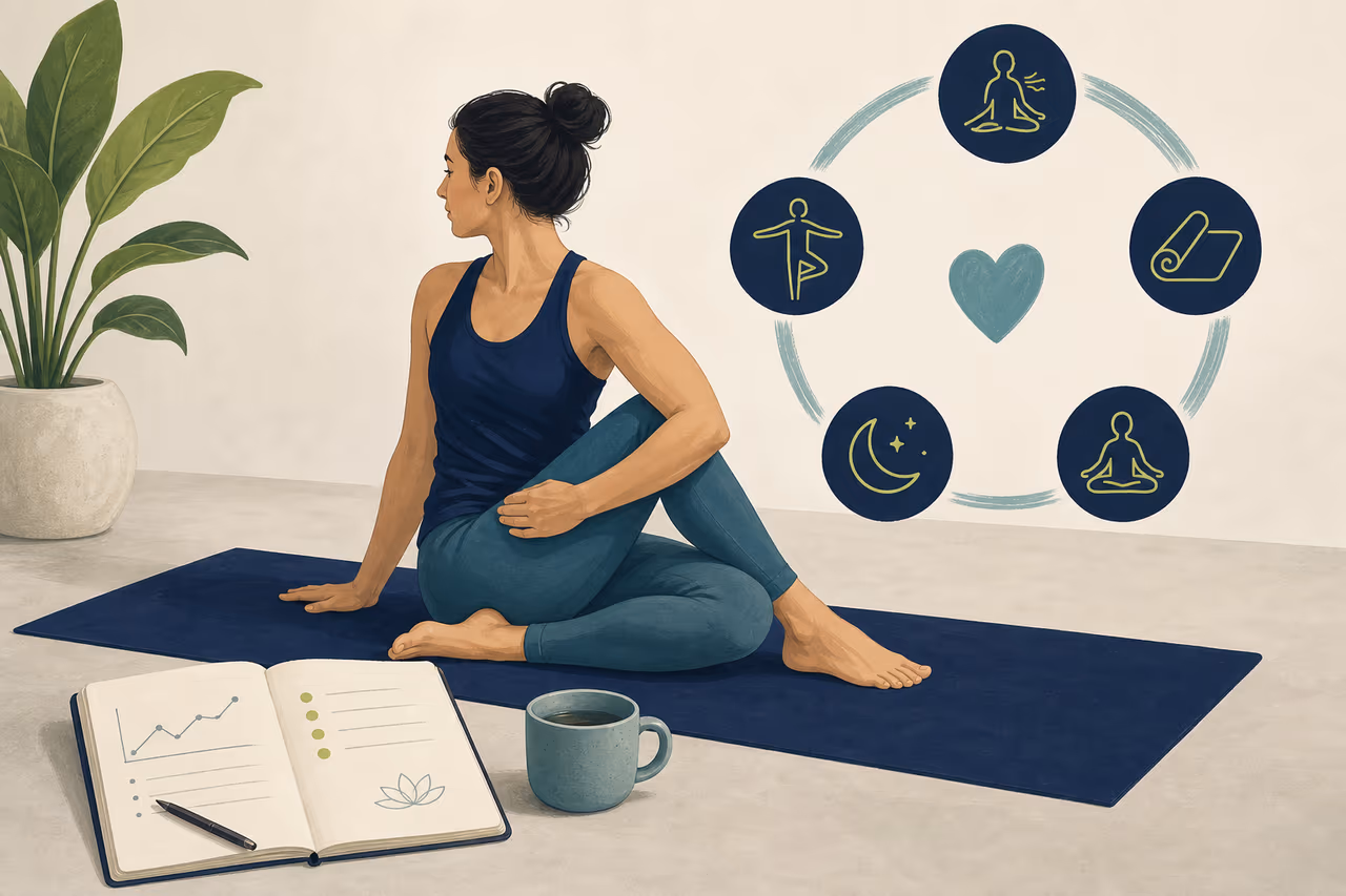 Editorial cover illustration about how to track yoga progress without photos.