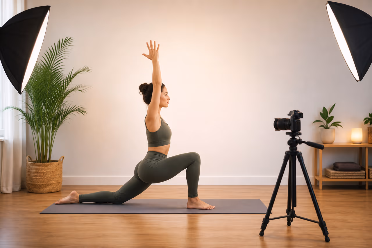 Diagram showing recommended camera angle and lighting for virtual yoga teachers.