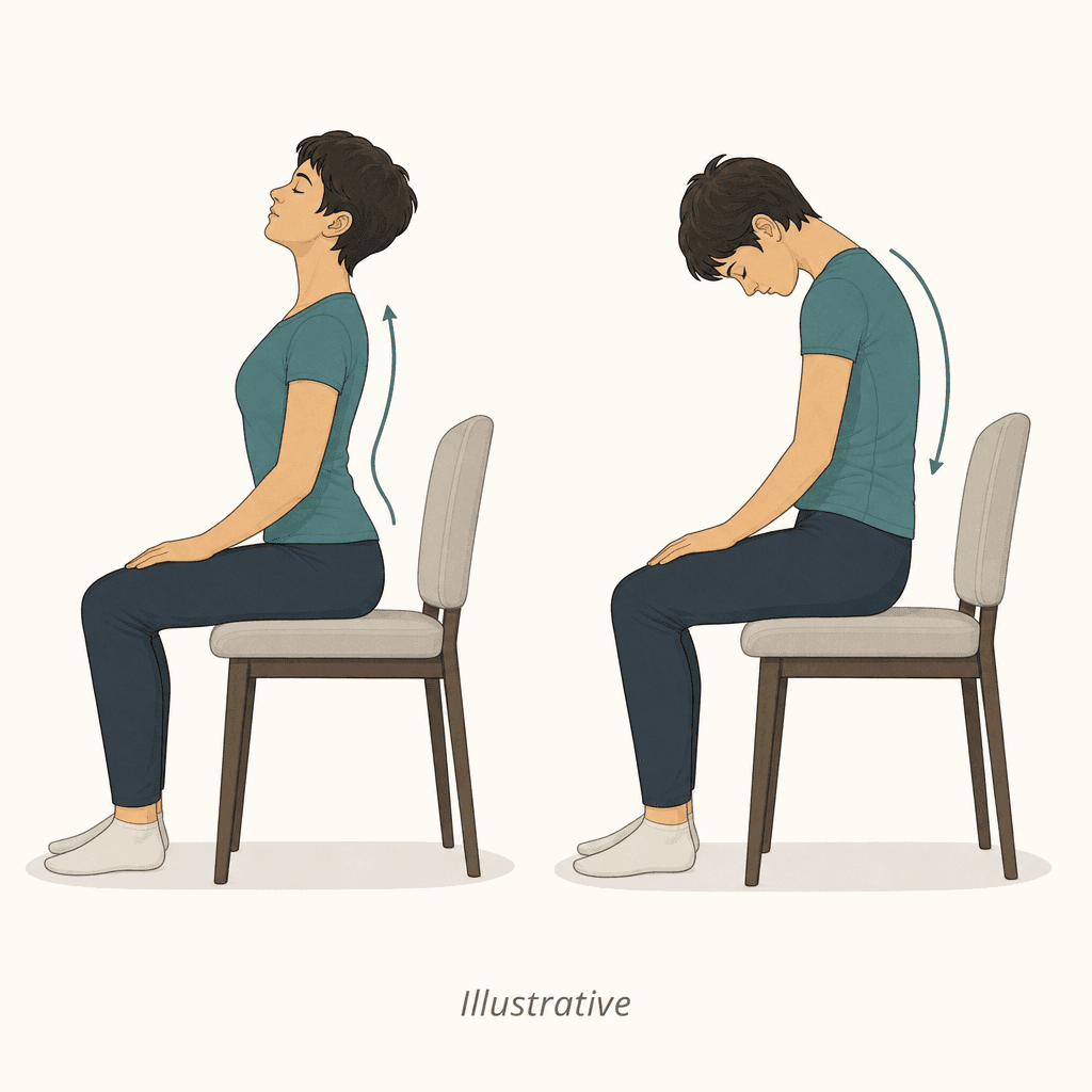 Illustration of a person seated, performing a gentle seated cat-cow stretch.