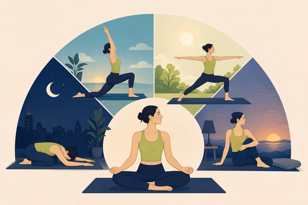 Editorial illustration about best time of day to do yoga for beginners.