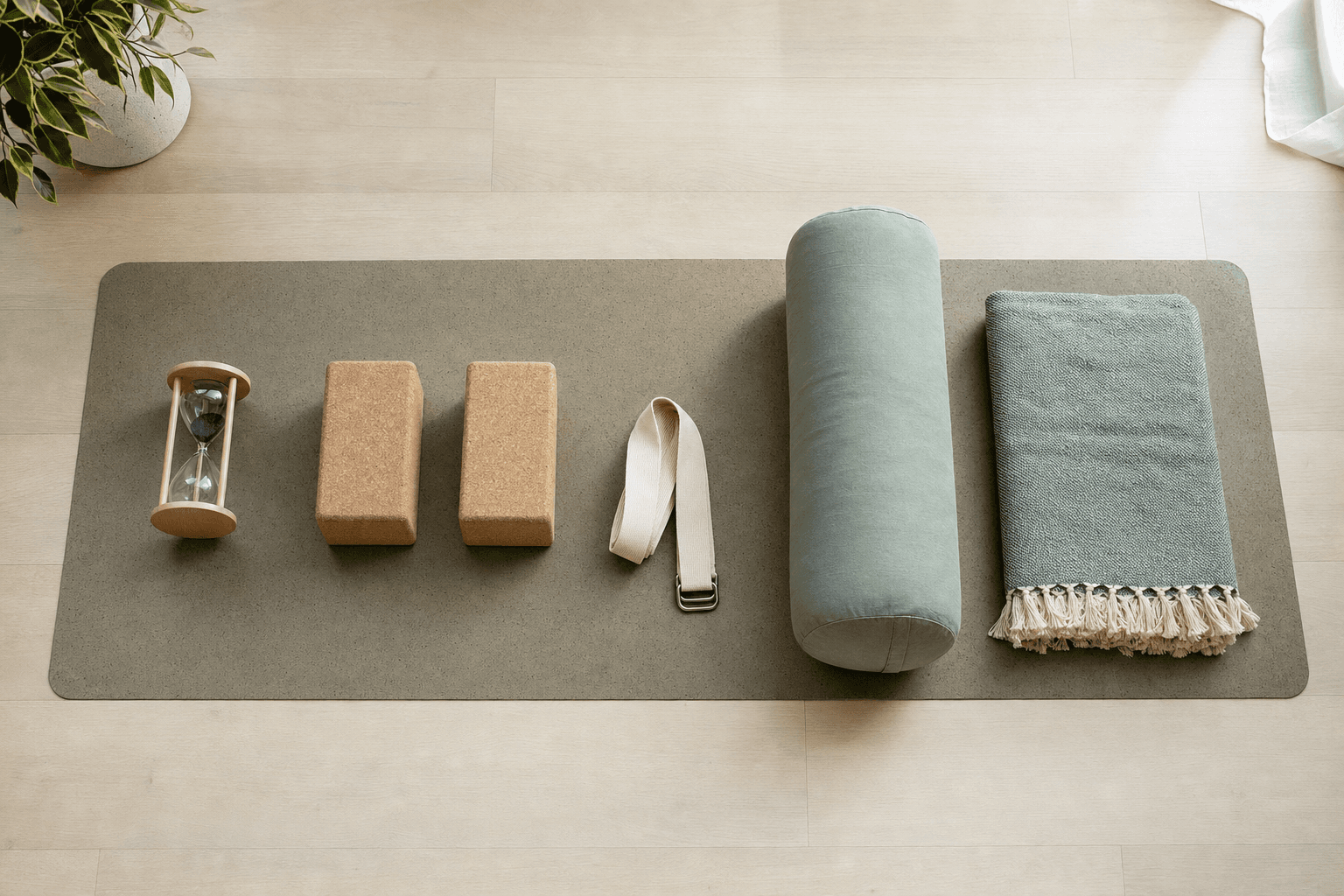 Top-down view of a yoga mat with a sand timer, blocks, strap, bolster and folded blanket arranged from minimal to supported.