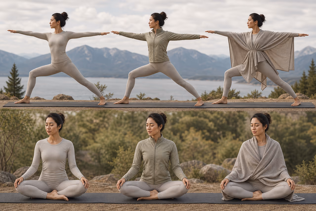 Diagram showing the three-part outdoor yoga layering system