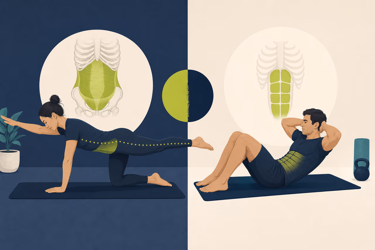Editorial cover illustration about core stability vs ab workouts.