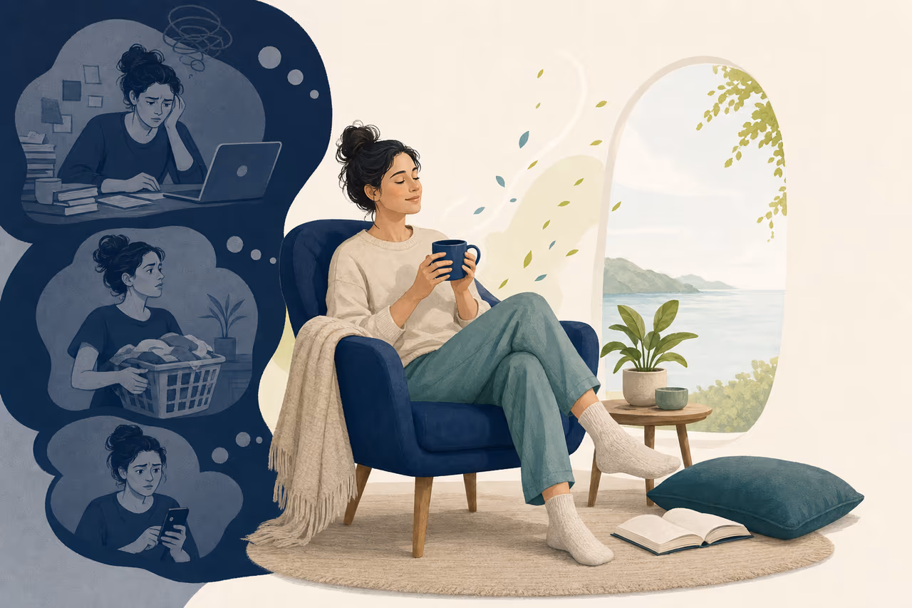 Editorial illustration about how to stop feeling guilty about rest days.