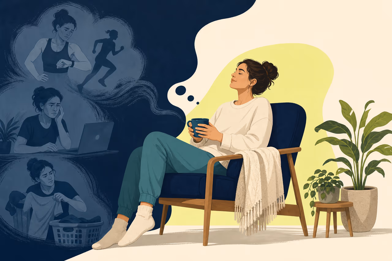 Editorial cover illustration about how to stop feeling guilty about rest days.