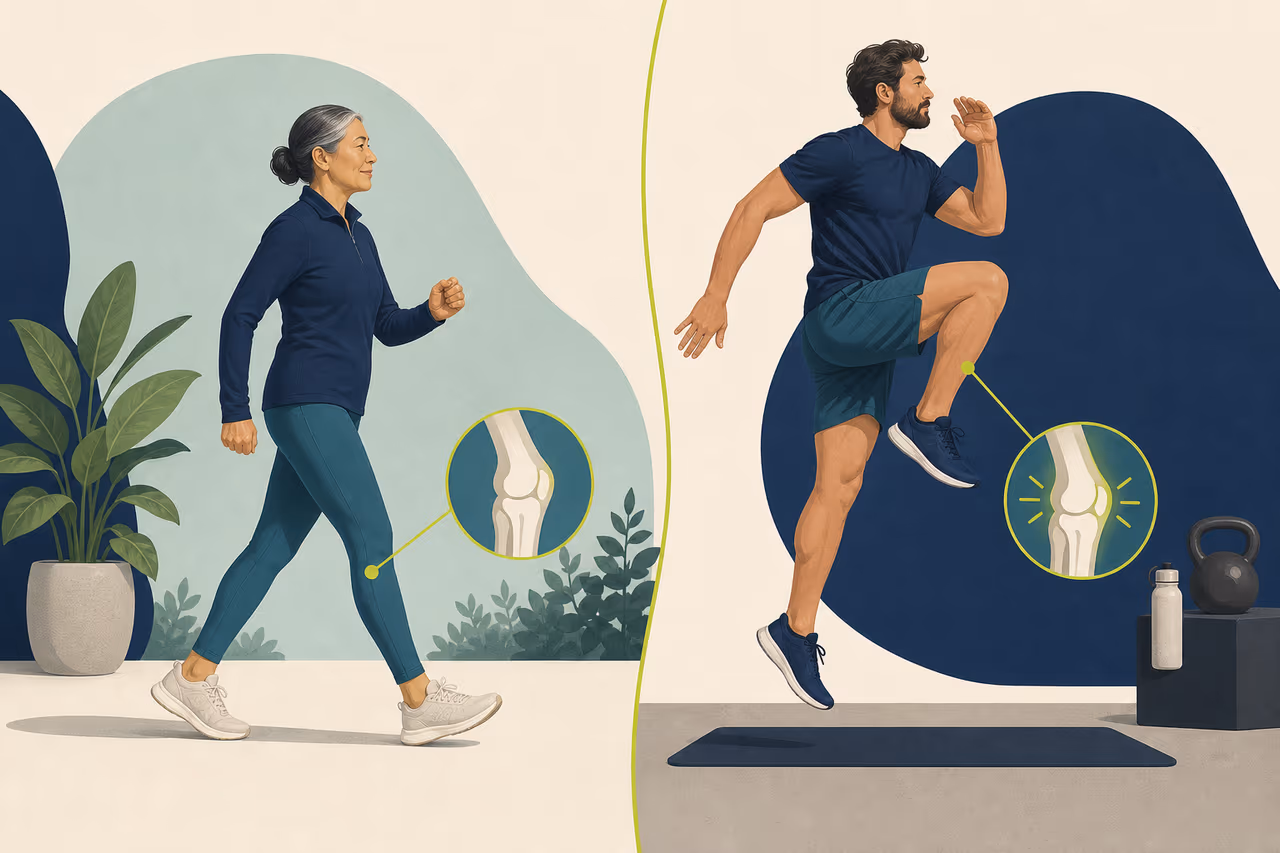 Editorial illustration about low impact vs high impact exercise.