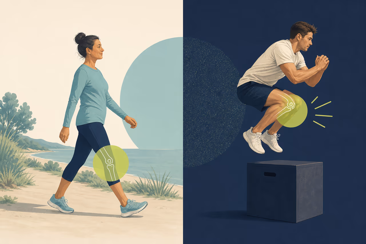 Editorial cover illustration about low impact vs high impact exercise.