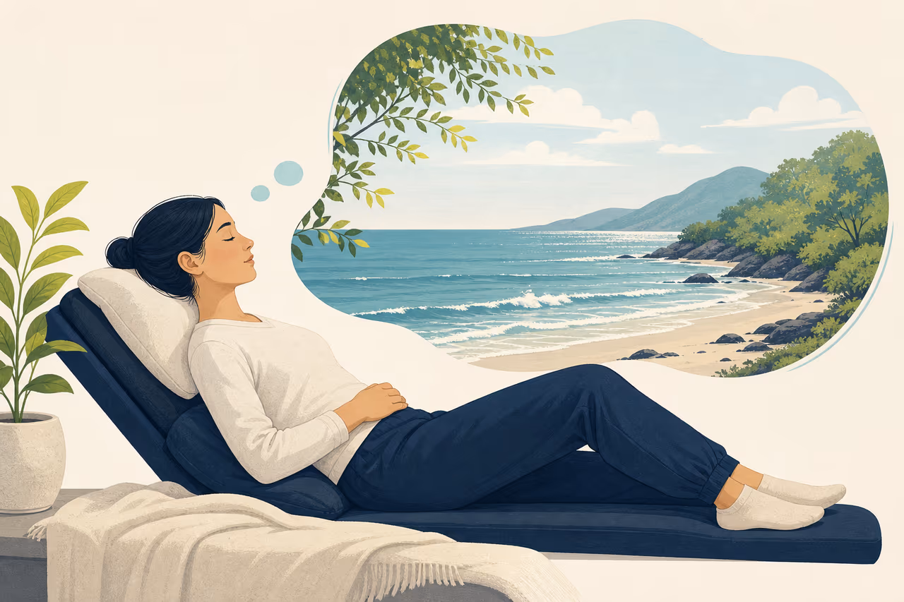 Editorial illustration about guided imagery for relaxation.