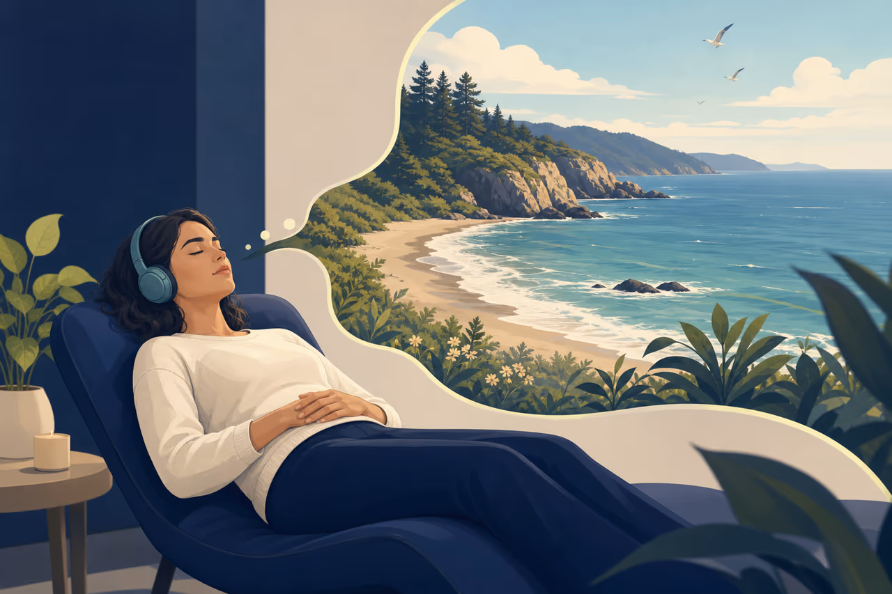Editorial cover illustration about guided imagery for relaxation.