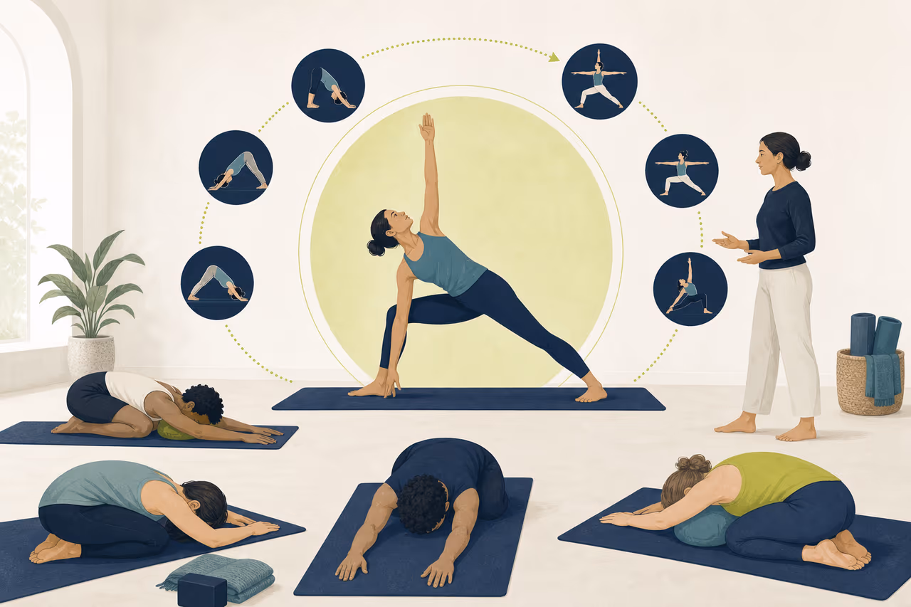 Editorial illustration about what a peak pose yoga class means.