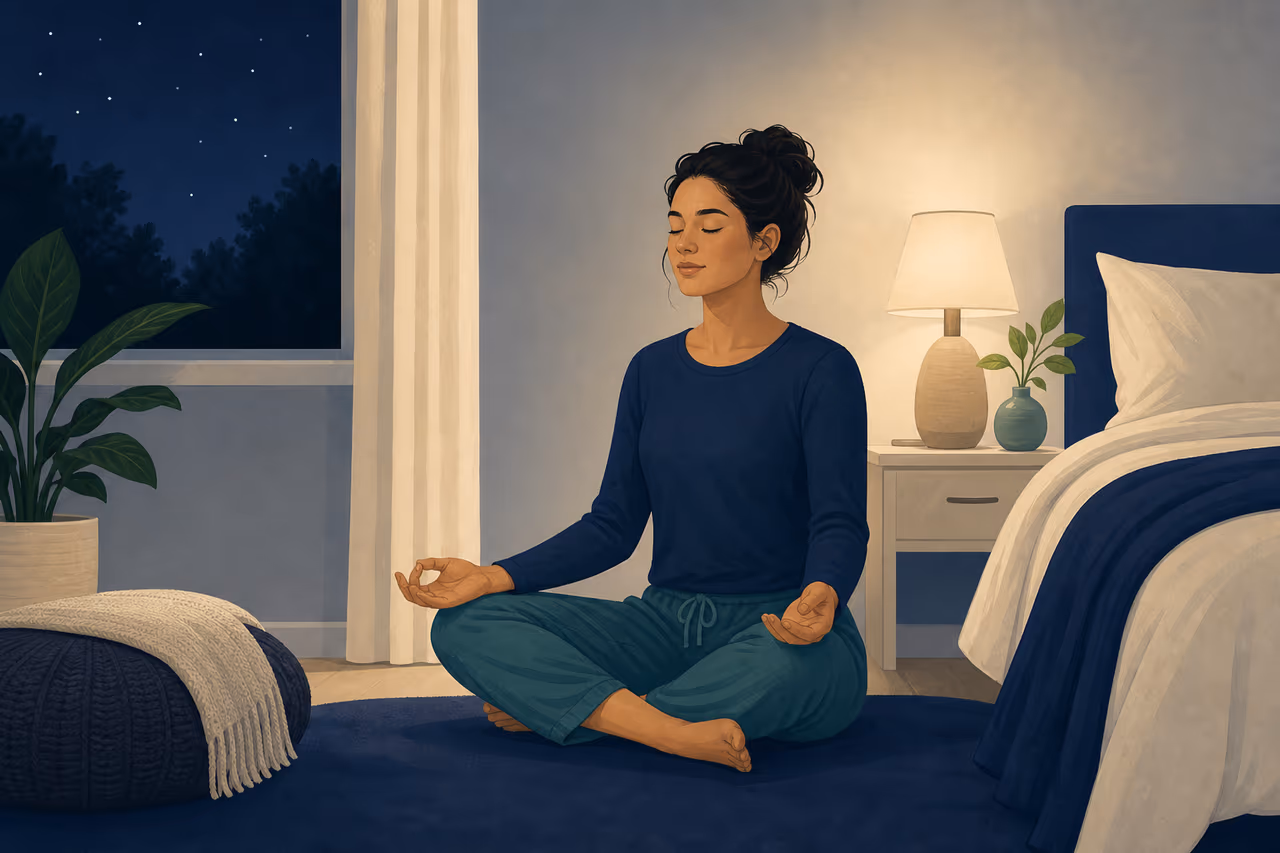 Editorial cover illustration about meditation before bed.