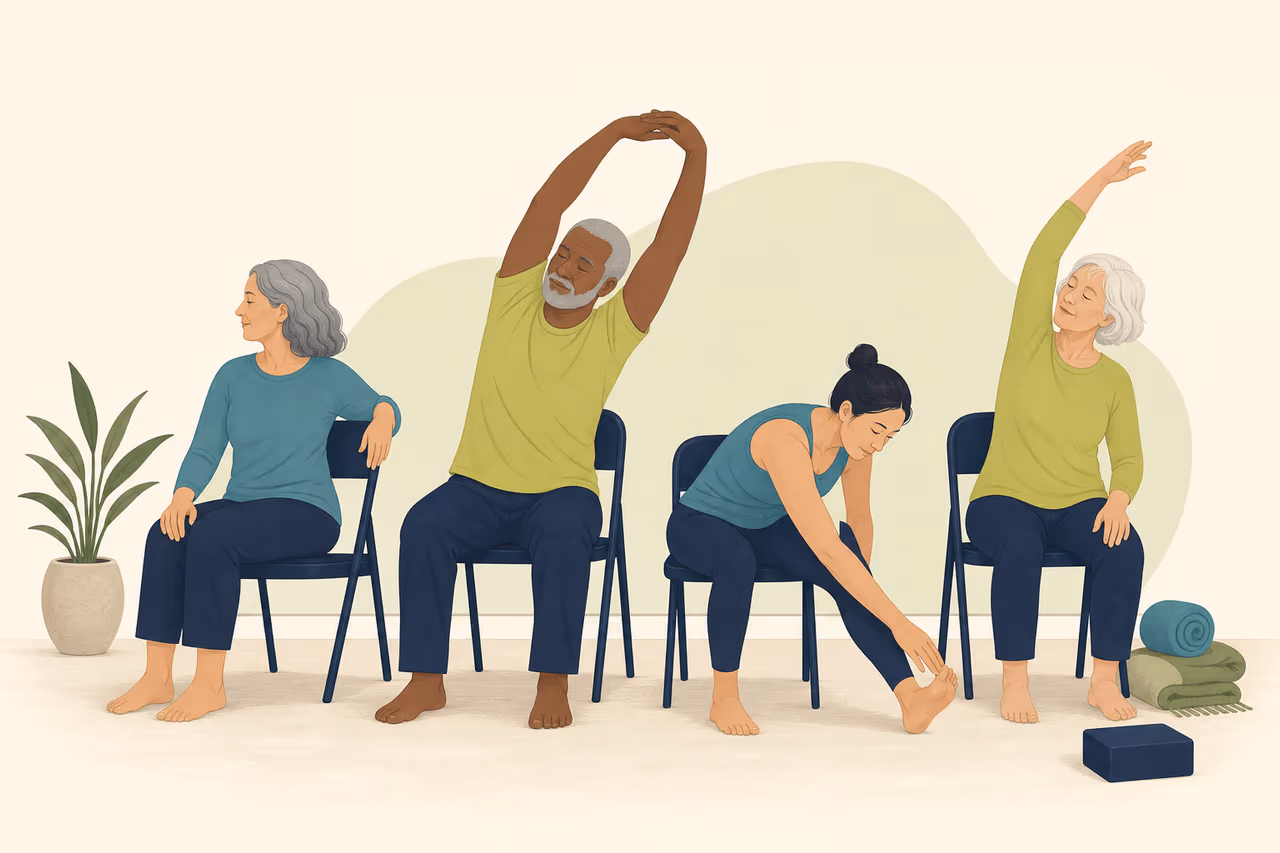 Editorial illustration about what is chair yoga.